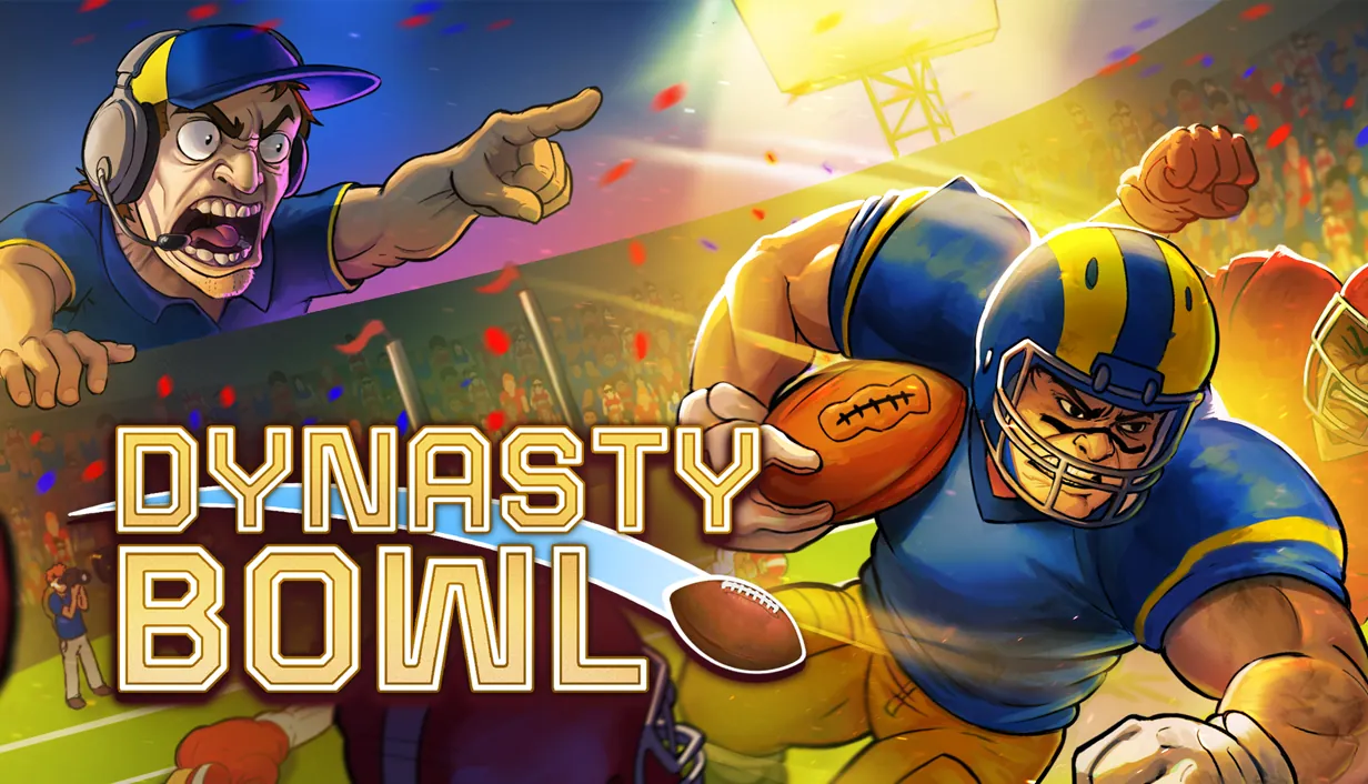 Dynasty Bowl — key art: a shouting coach and a running back breaking through a tackle under stadium lights
