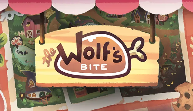 The Wolf's Bite — key art: a hand-painted wooden sign shaped like a ham hock, hanging over a storybook village