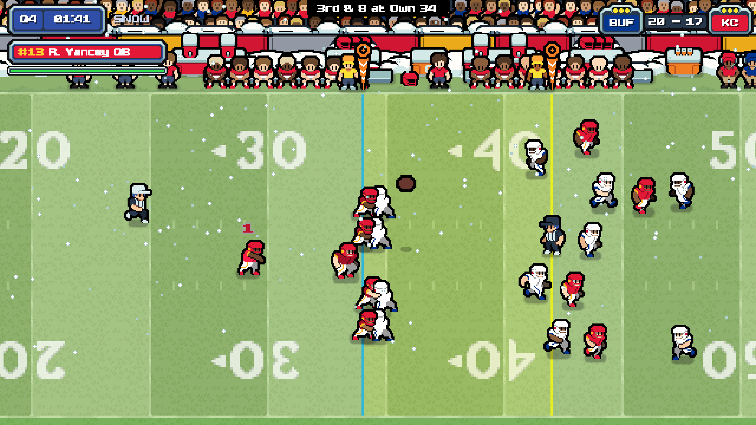 A quarterback throws downfield in snowy weather