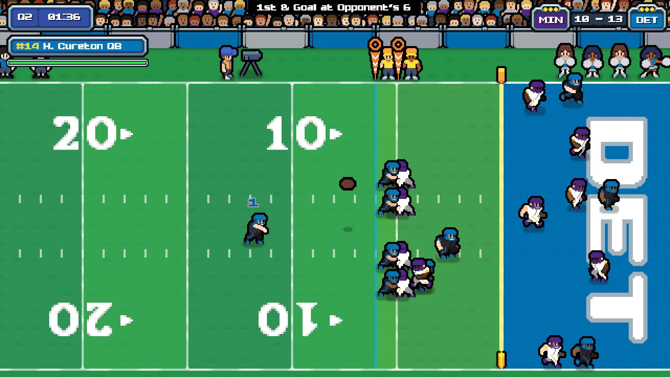 The offense lines up near the end zone
