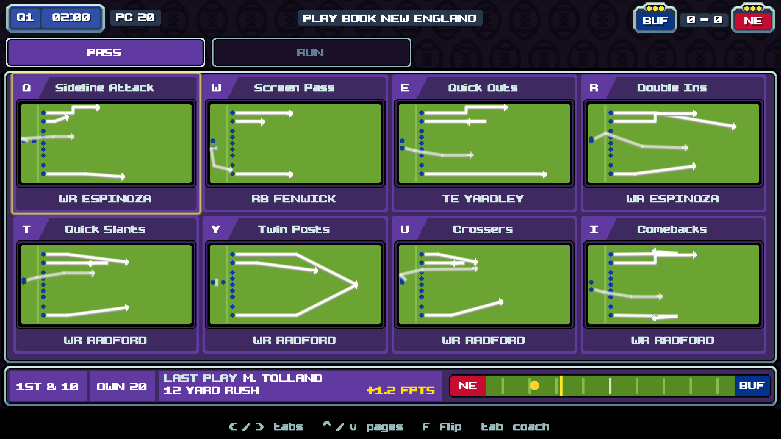 Offensive playbook with eight passing plays and route diagrams
