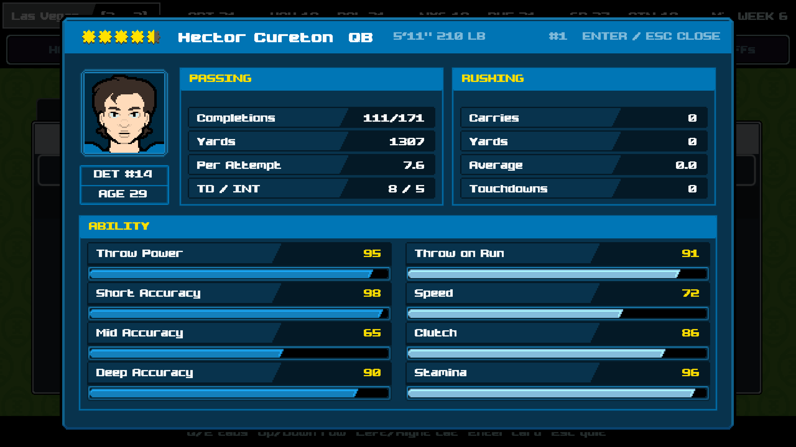 Quarterback player card with stats, ratings and abilities