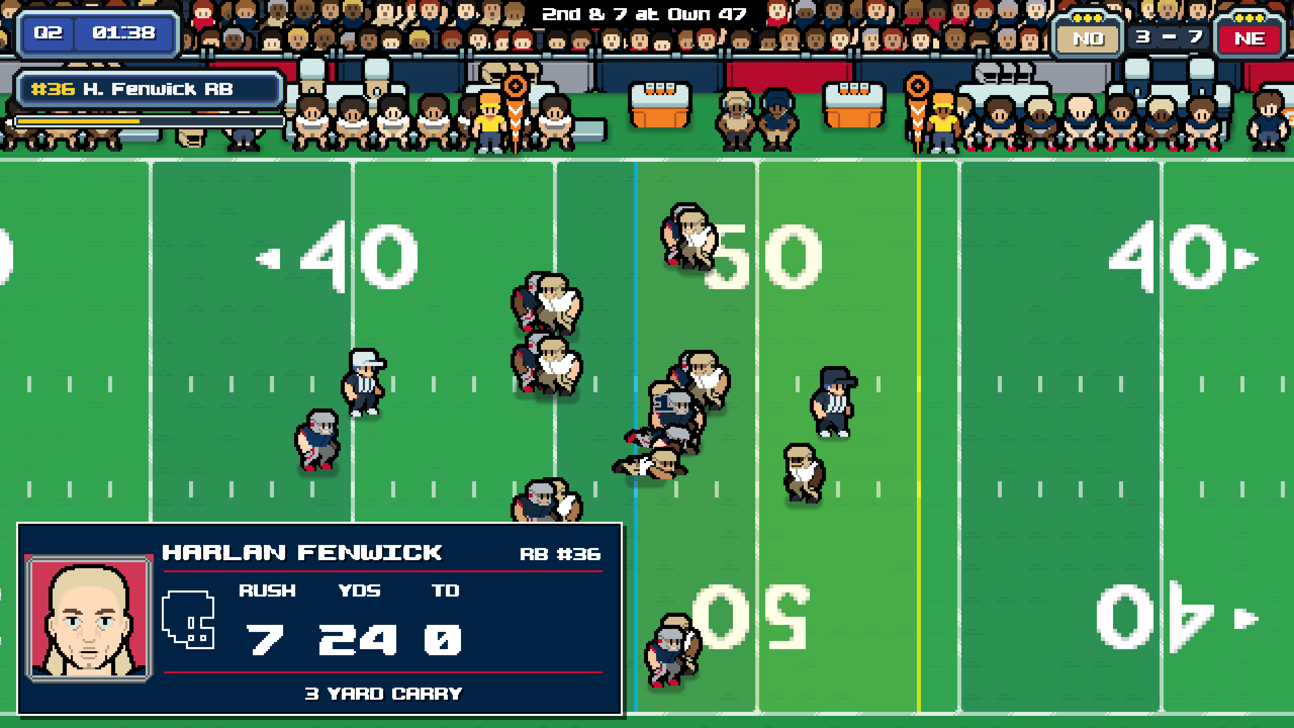 A running back stat card appears after a rushing play