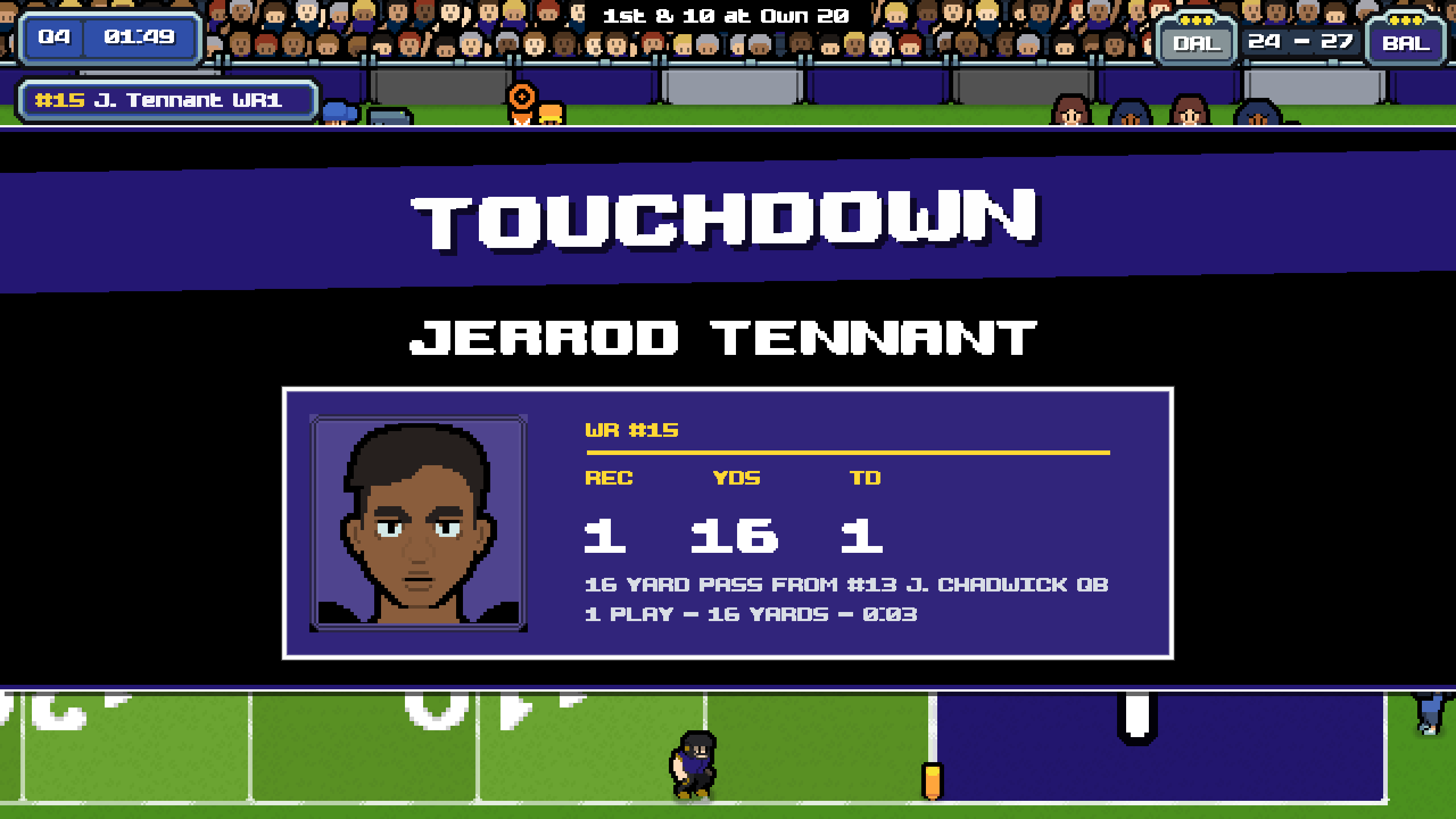 Touchdown celebration with the scoring receiver and his stats