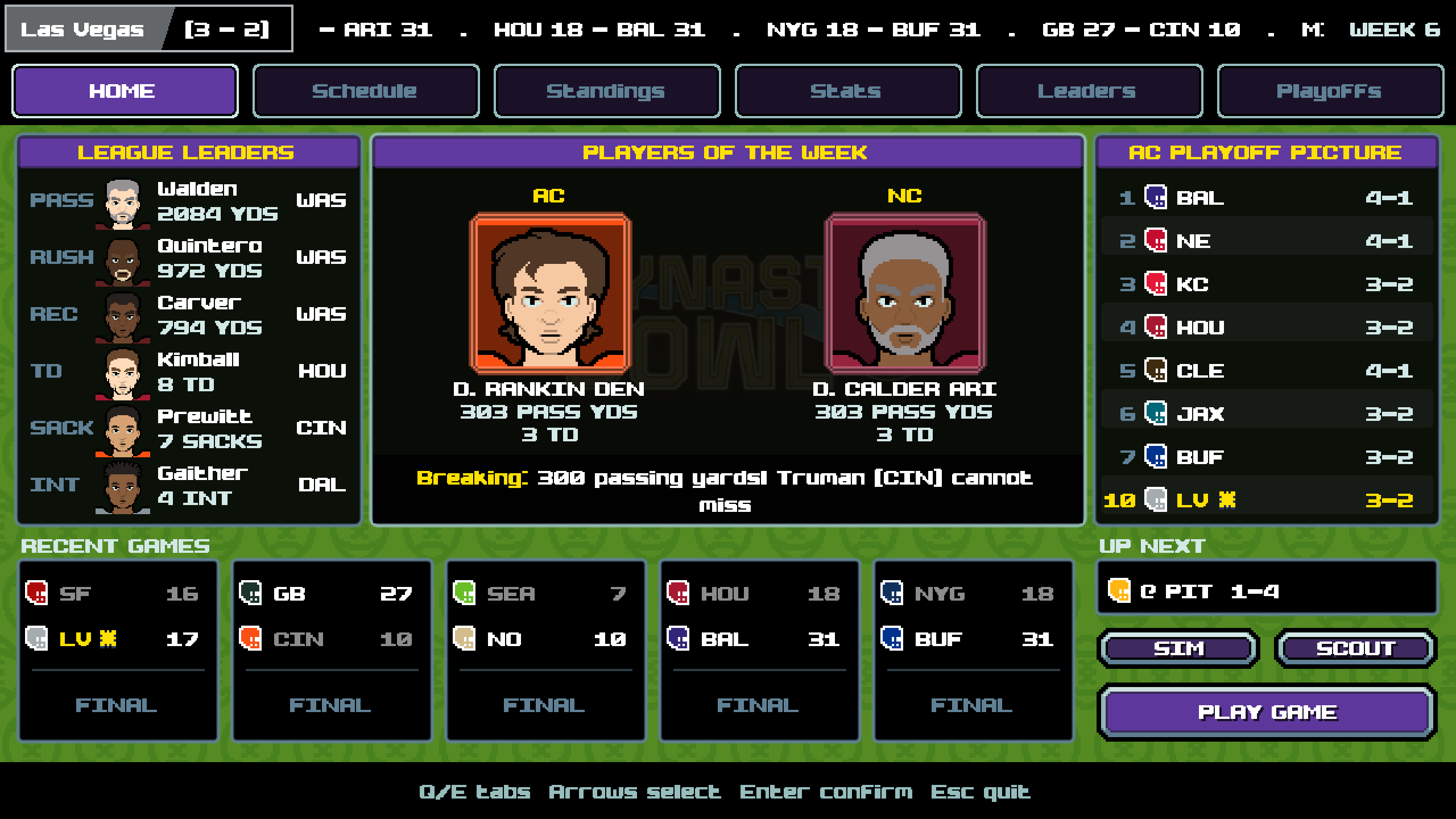 Season hub with league leaders, players of the week and playoff standings
