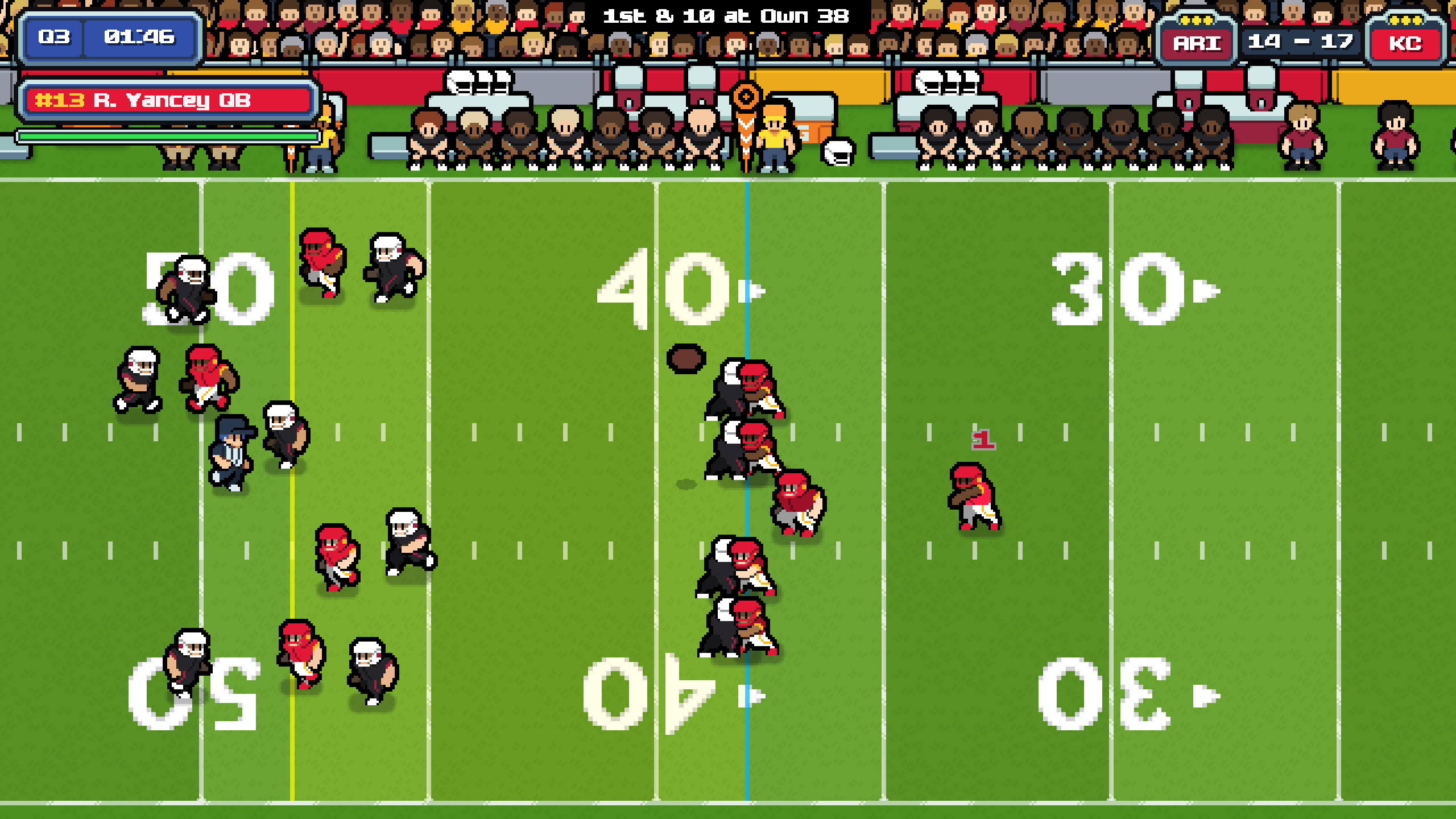 Teams in contrasting uniforms face off on the field
