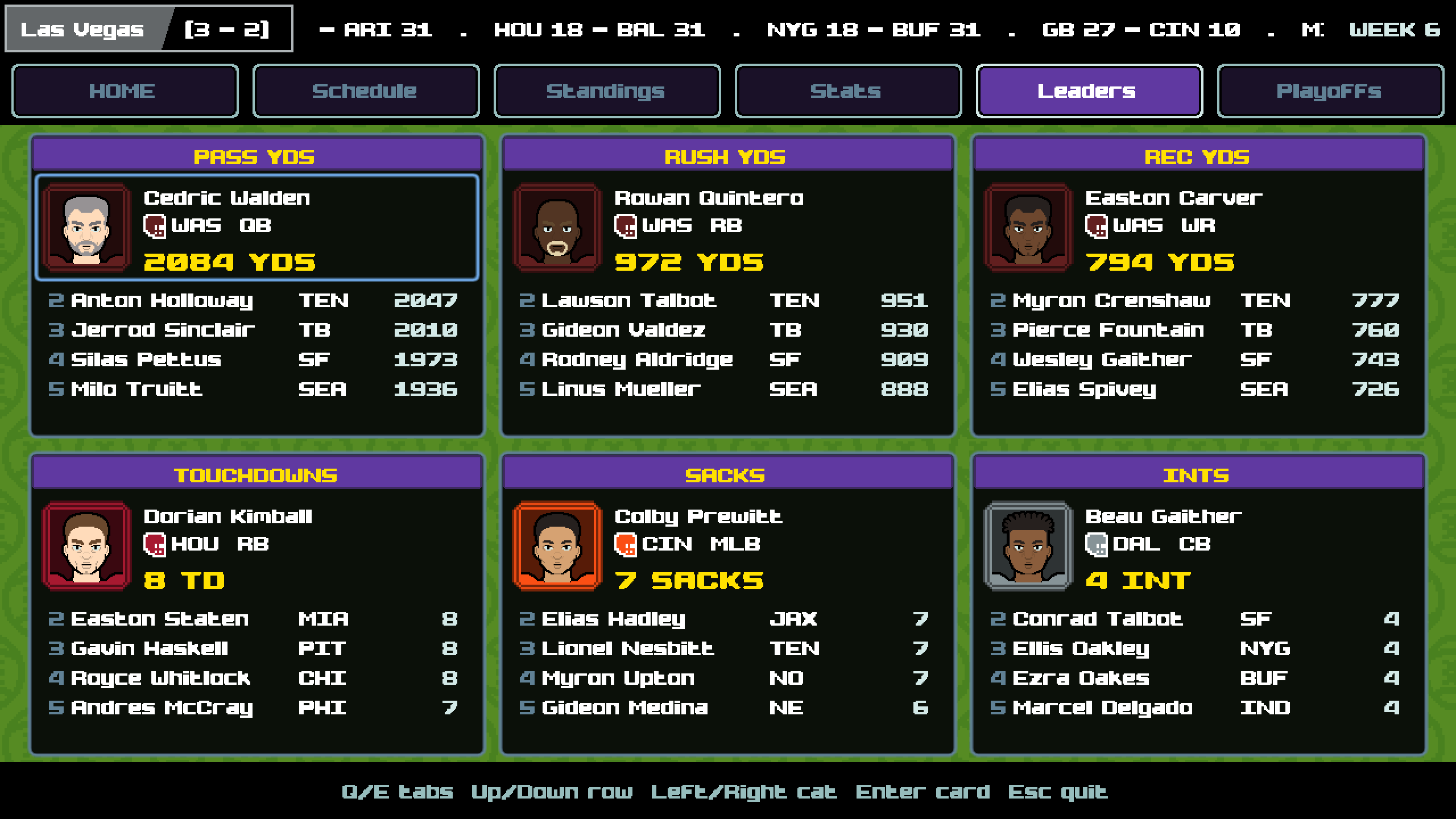 Season leaderboards with player portraits and statistics