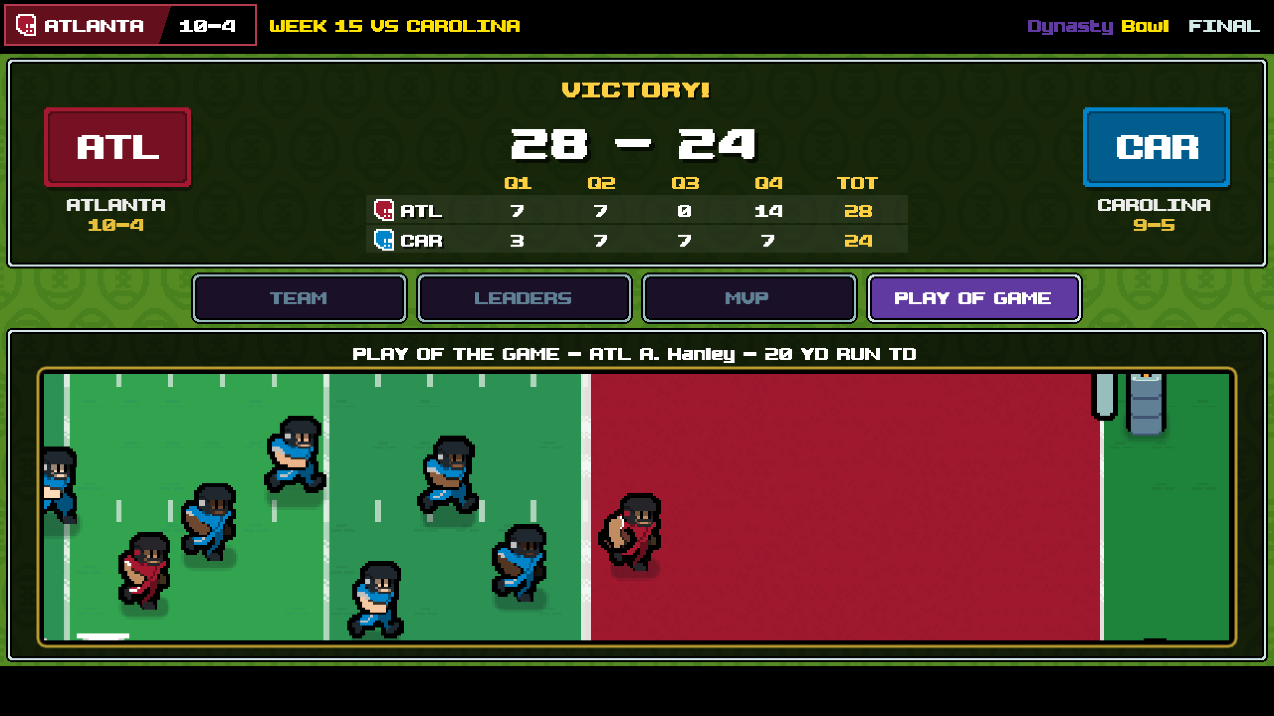 Postgame results with a player of the game highlight